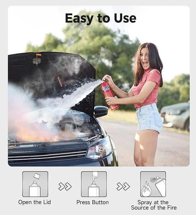 Woman using a car fire extinguisher spray on a car engine fire, demonstrating easy usage steps