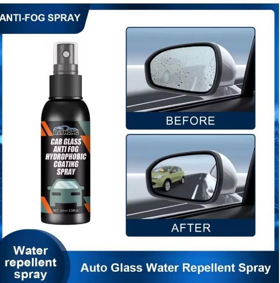 Car glass anti fog spray bottle with before and after images showing fog removal from side mirrors