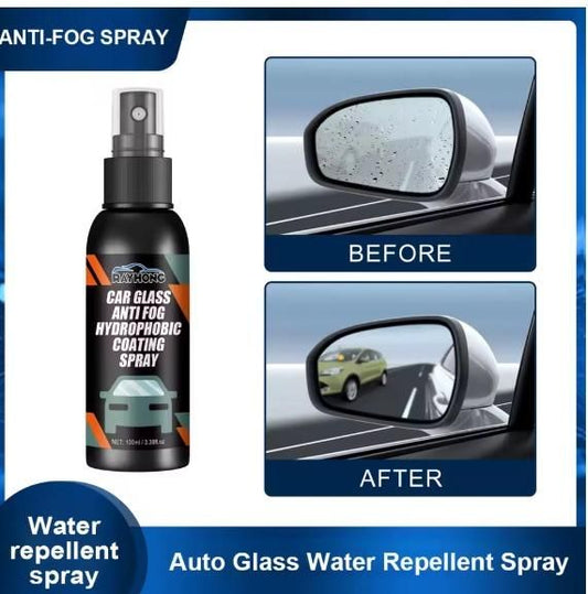 Car glass anti fog spray bottle with before and after images showing fog removal from side mirrors