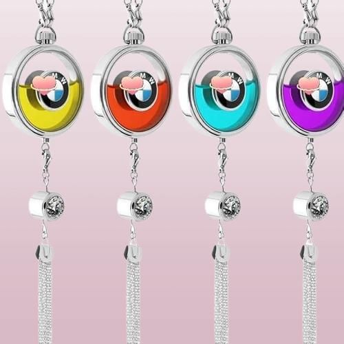 Colorful car logo perfume pendant featuring a crystal tassel for stylish fragrance on the go