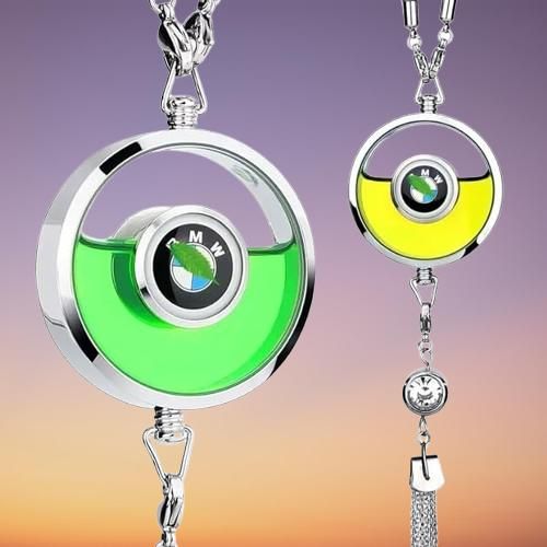 Stylish car logo perfume pendant in green and yellow with a chrome finish for car enthusiasts