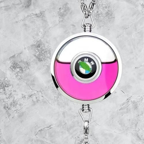 Stylish car logo perfume pendant in pink and silver, perfect for car enthusiasts