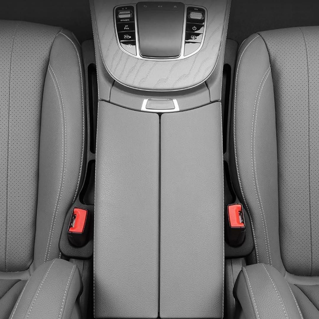 Gray car seat gap filler designed to prevent items from falling between vehicle seats