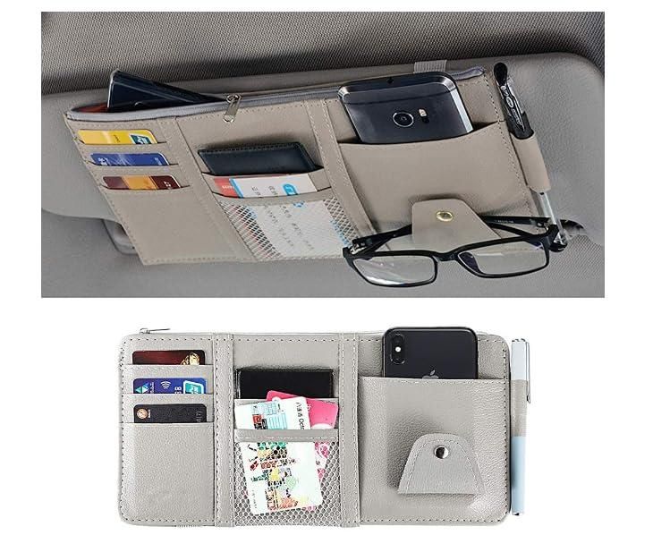 Gray car sun visor organizer with card slots, pen holder, and phone pocket