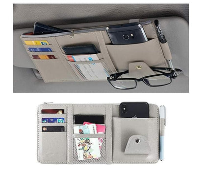 Gray car sun visor organizer with card slots, pen holder, and phone pocket