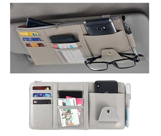 Gray car sun visor organizer with card slots, pen holder, and phone pocket