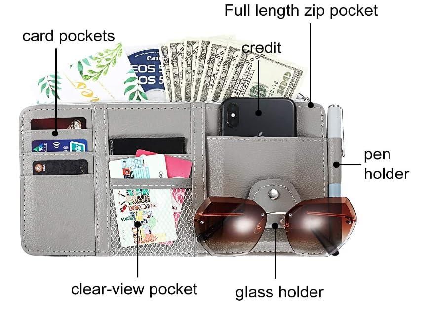 Car sun visor organizer with card pockets, zip pocket, pen holder, and sunglasses holder