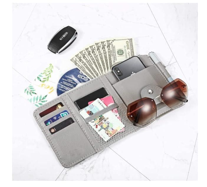 Car sun visor organizer in gray with pockets for cards, cash, and sunglasses