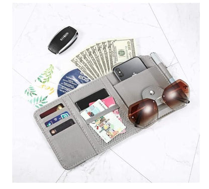 Car sun visor organizer in gray with pockets for cards, cash, and sunglasses