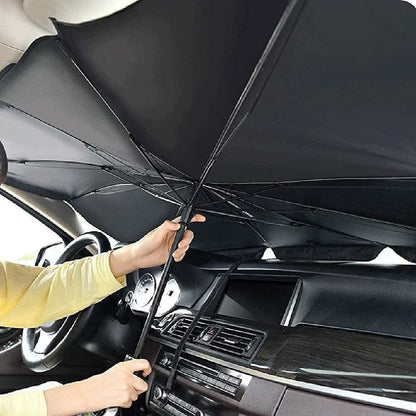 Car windshield sun shade umbrella providing shade and protection from sunlight inside a vehicle