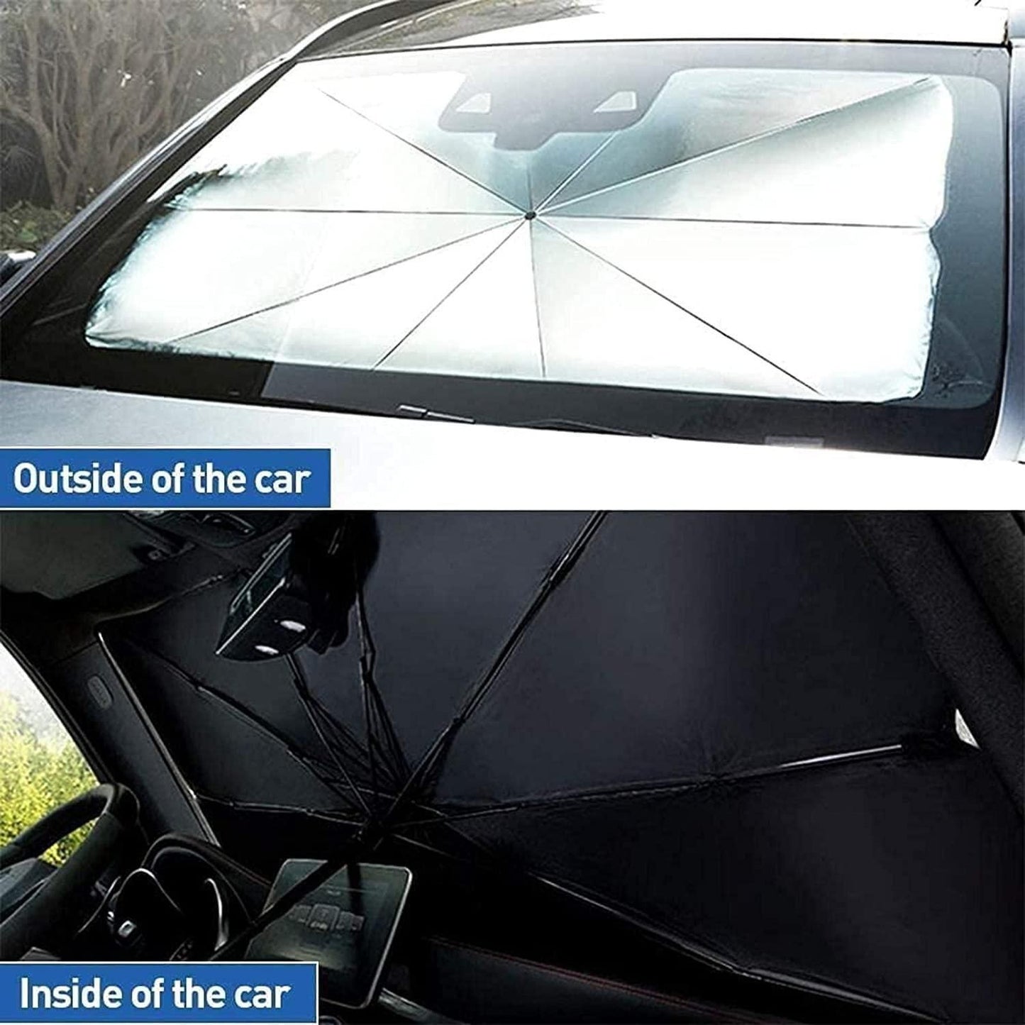 Car windshield sun shade umbrella providing protection from heat and UV rays for vehicles