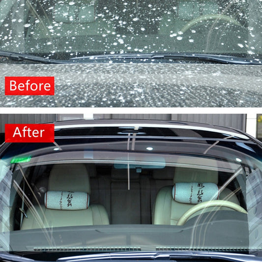 Before and after images showing the effectiveness of car wiper detergent tablets on a windshield