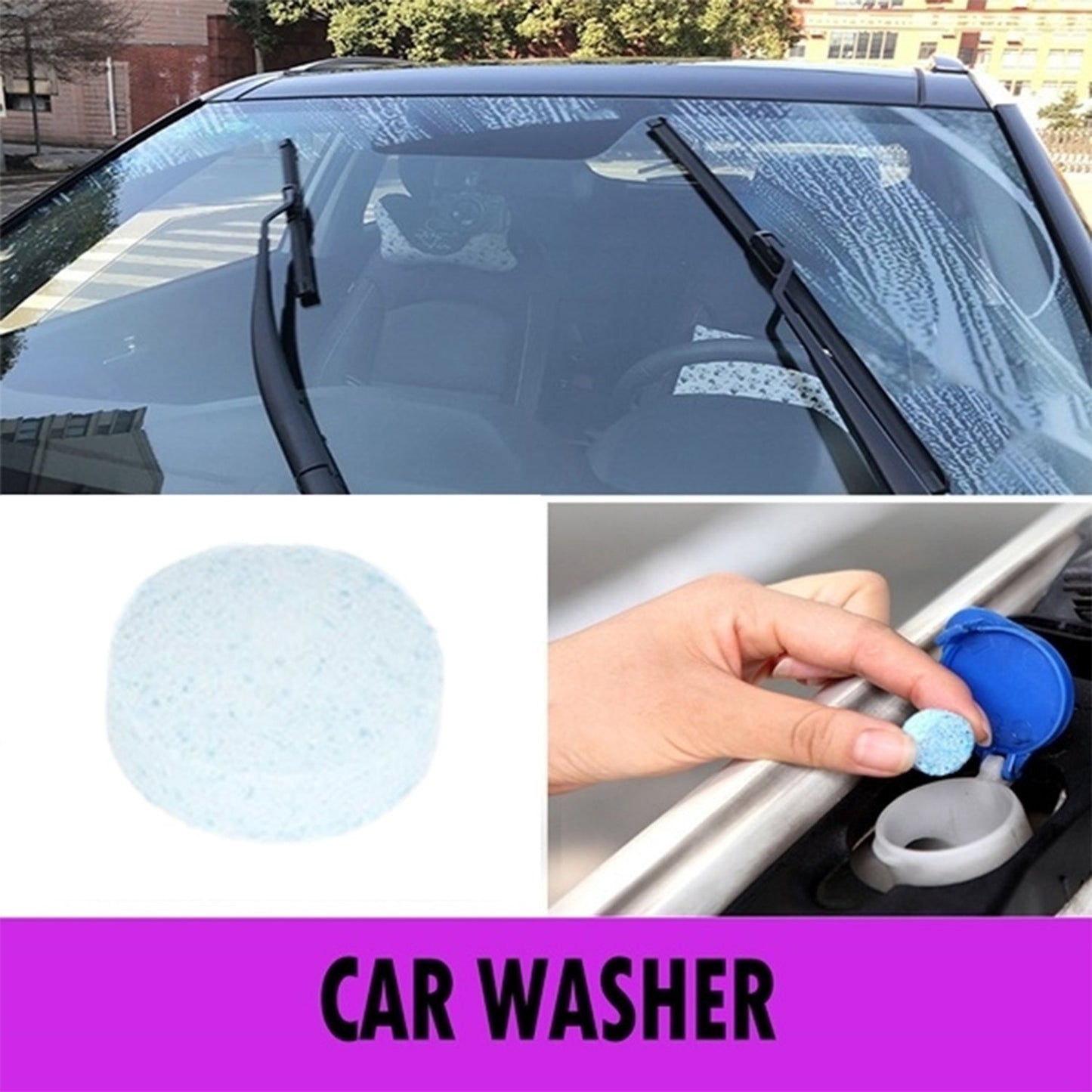 Car wiper detergent tablets shown in use with a vehicle windshield for effective cleaning