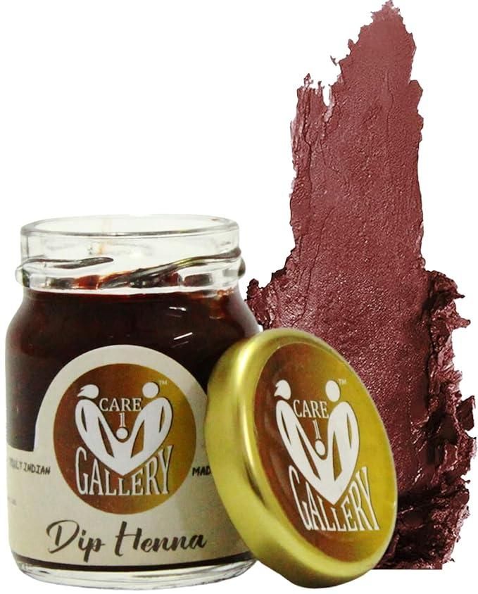 Care Gallery Instant Red Henna Mehendi Paste in a jar with a rich burgundy swatch beside it