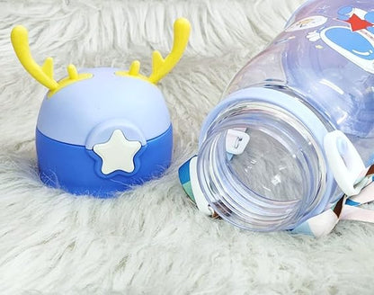 Cartoon animal plastic water bottle 300ml with yellow antler cap and clear body on soft fabric