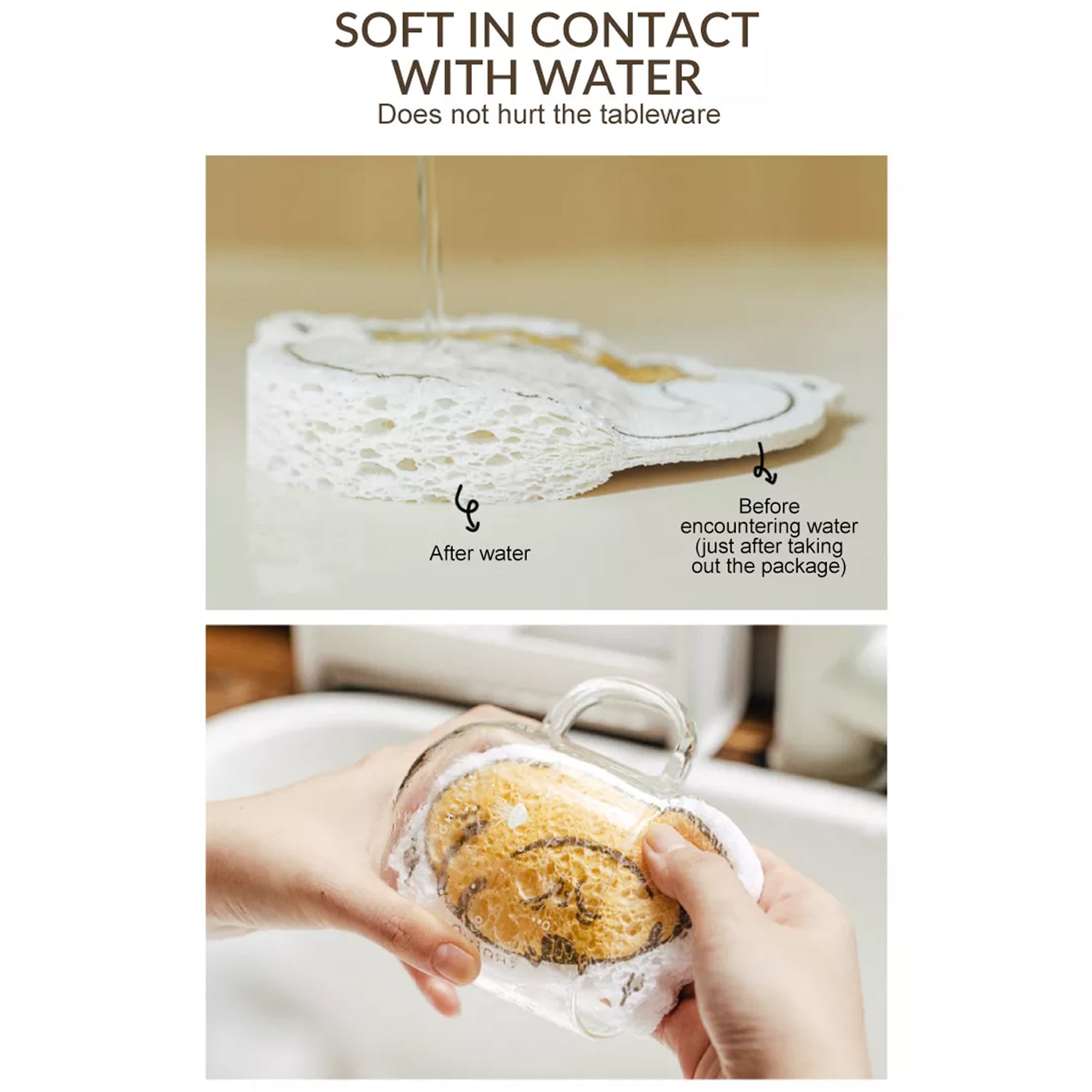 Cartoon wood pulp dish sponge showing soft texture when wet, ideal for gentle cleaning