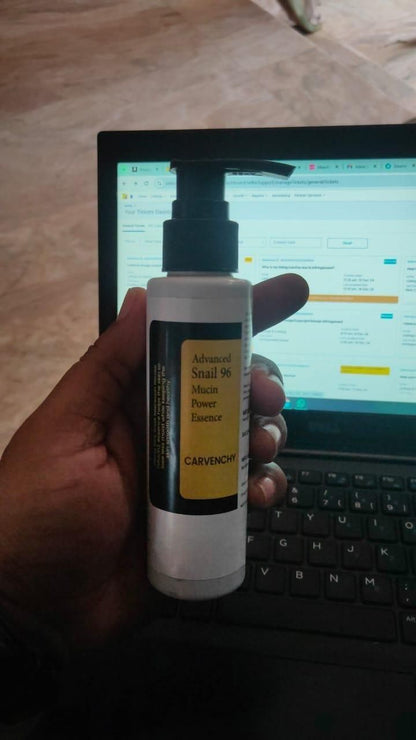 Advanced Snail 96 Mucin Power Essence in a pump bottle for hydrating skincare routines