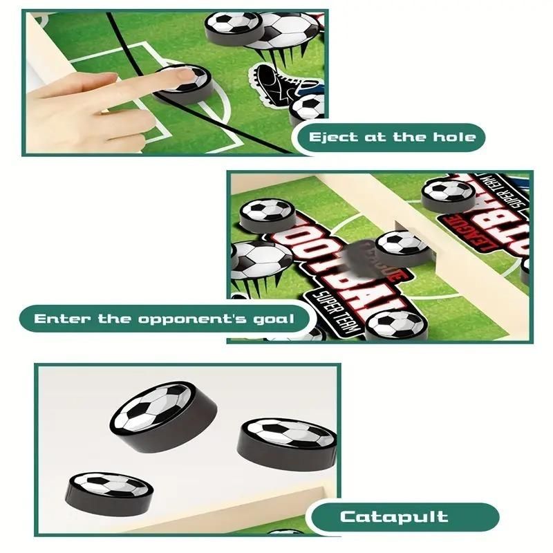 Kids playing the catapult board game for kids with soccer pucks and goal targets