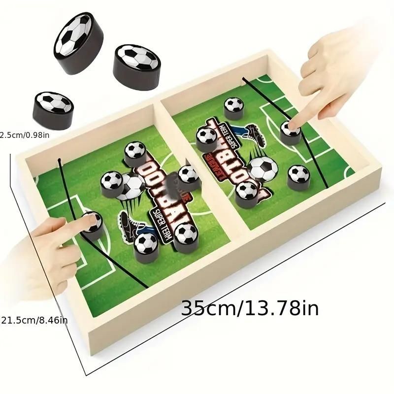 Catapult board game for kids featuring soccer theme with hands launching pieces on a green field