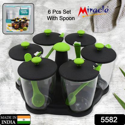 Multipurpose 6 Piece Miracle Revolving Plastic Spice Container Rack With 6 Spoon, Condiment Set, Masala Rack Set, Revolving Spice Rack Aachar Container Chutney Mukhwas Tray Masala Dining Spice Stand Your Brand