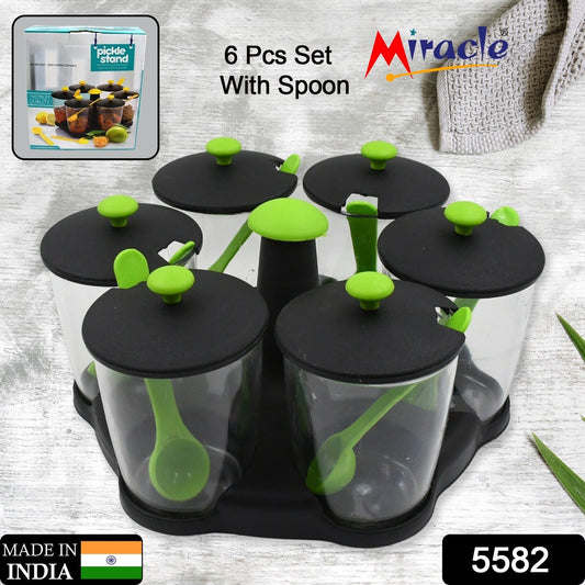 Multipurpose 6 Piece Miracle Revolving Plastic Spice Container Rack With 6 Spoon, Condiment Set, Masala Rack Set, Revolving Spice Rack Aachar Container Chutney Mukhwas Tray Masala Dining Spice Stand Your Brand