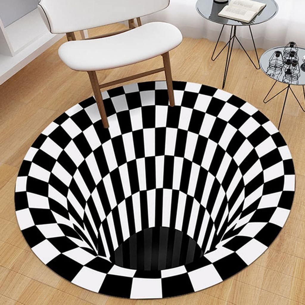 Round checkered 3D floor mat with black and white optical illusion pattern under a white chair on wooden floor