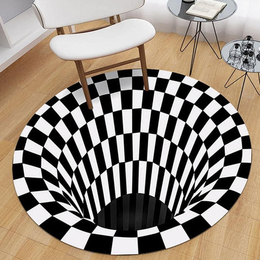 Round checkered 3D floor mat with black and white optical illusion pattern under a white chair on wooden floor