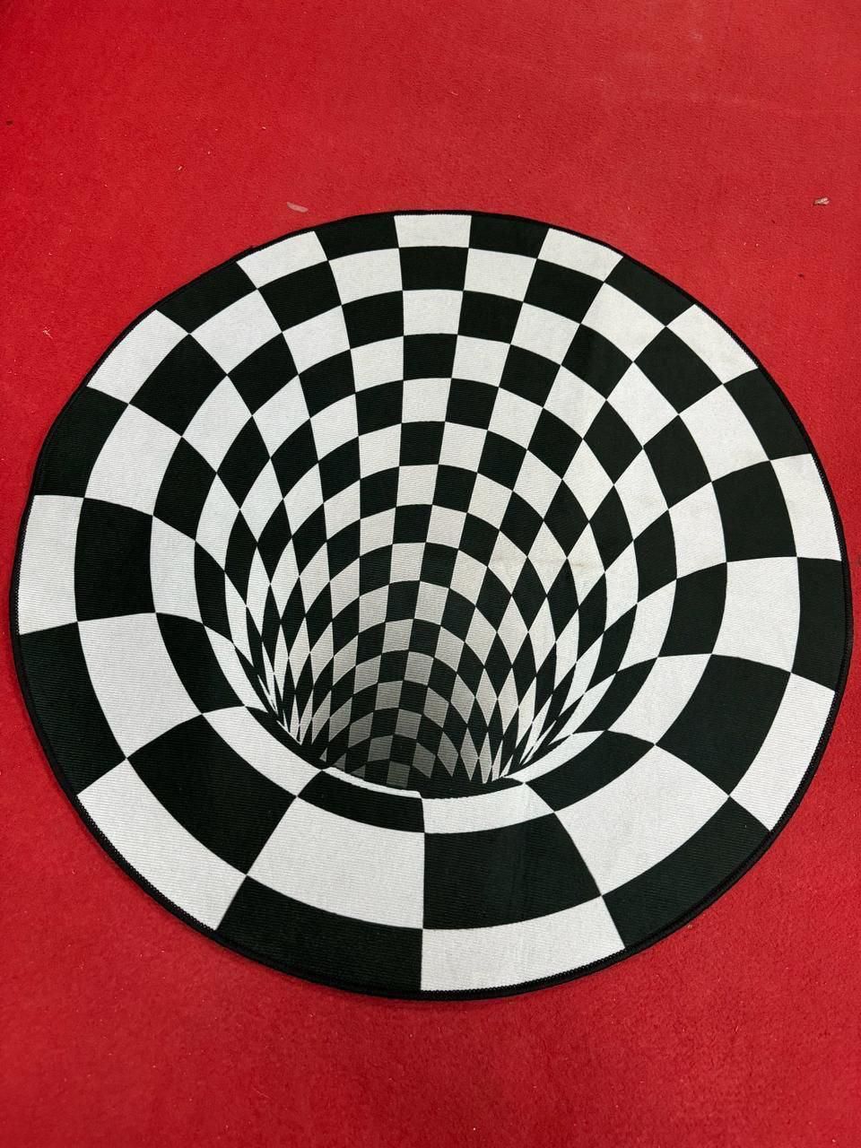 THE GIR FARMER checkered 3D floor mat with optical illusion design on red background