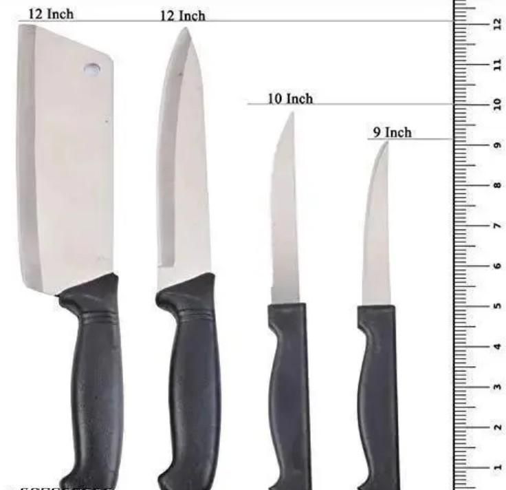 Four stainless steel kitchen knives with black handles shown with measuring scale for wooden chopping board with knife set