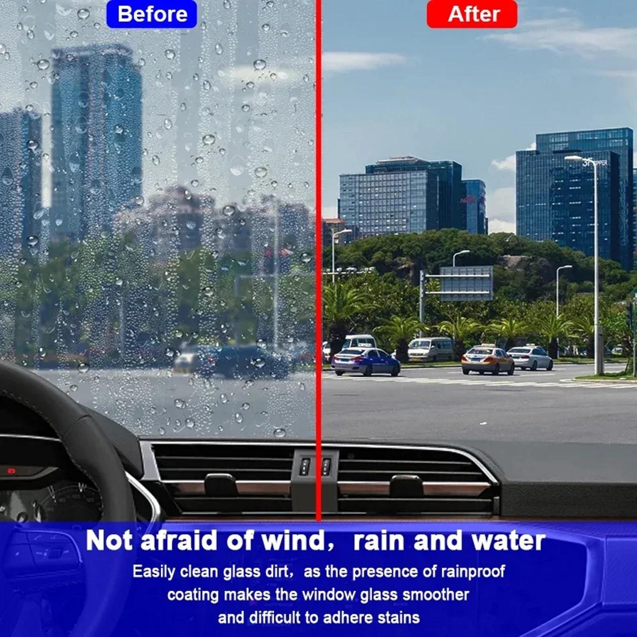 Before and after images showing car glass stain cleaner effectiveness in removing dirt and improving visibility