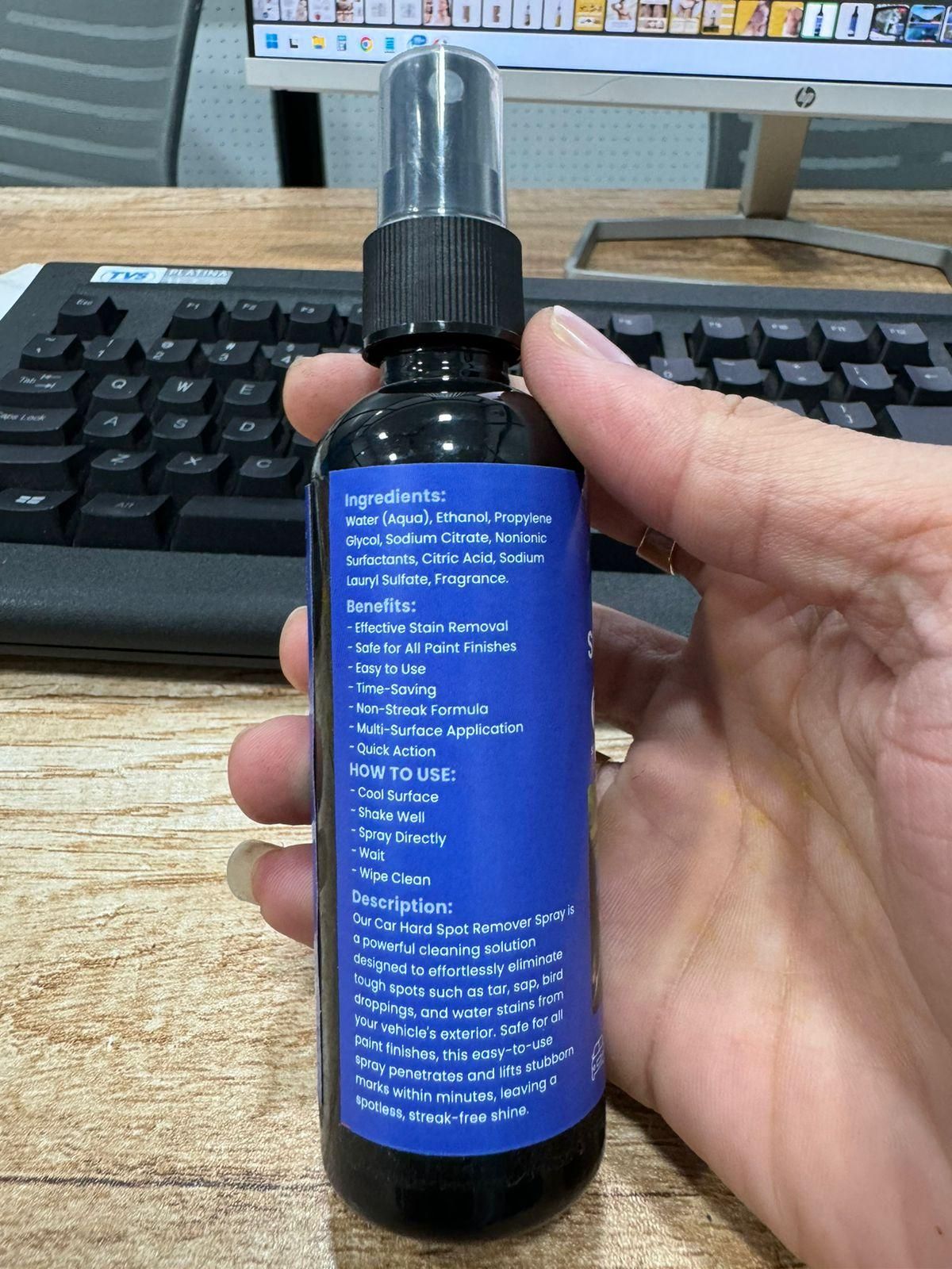 Car glass stain cleaner spray bottle with instructions and benefits for effective stain removal