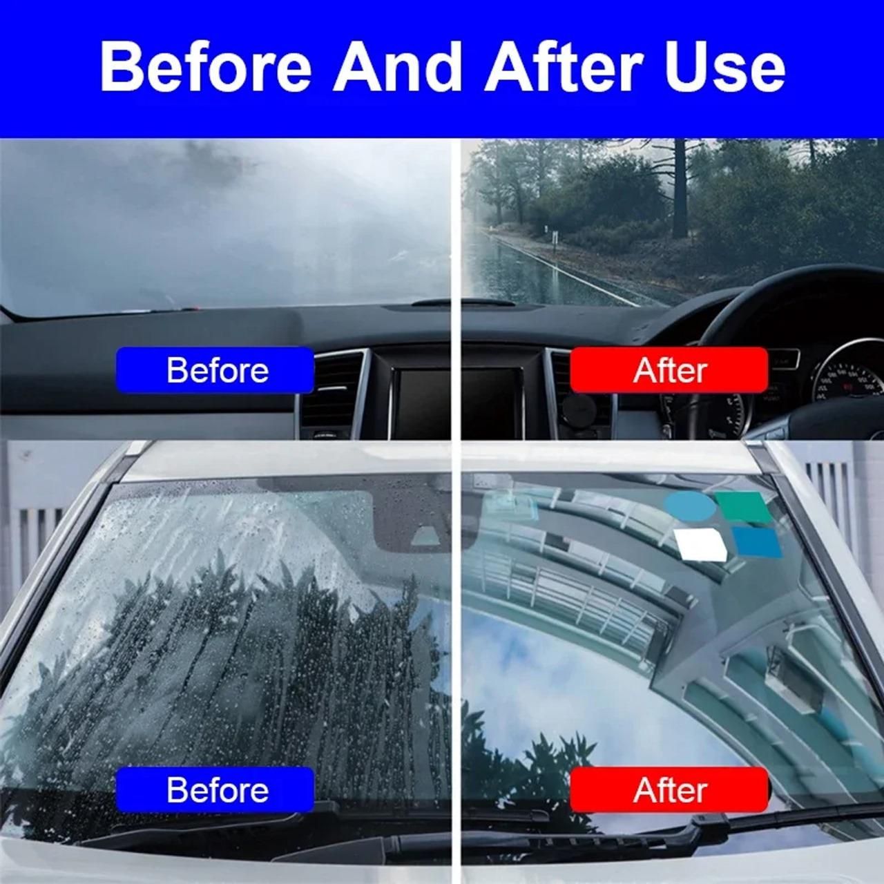 Before and after comparison of car glass stain cleaner effectiveness on windshield clarity