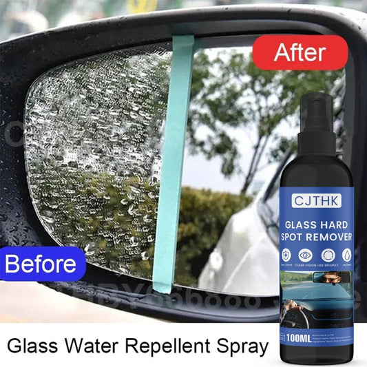 CJTHK car glass stain cleaner before and after comparison showing water repellent effect on a car mirror
