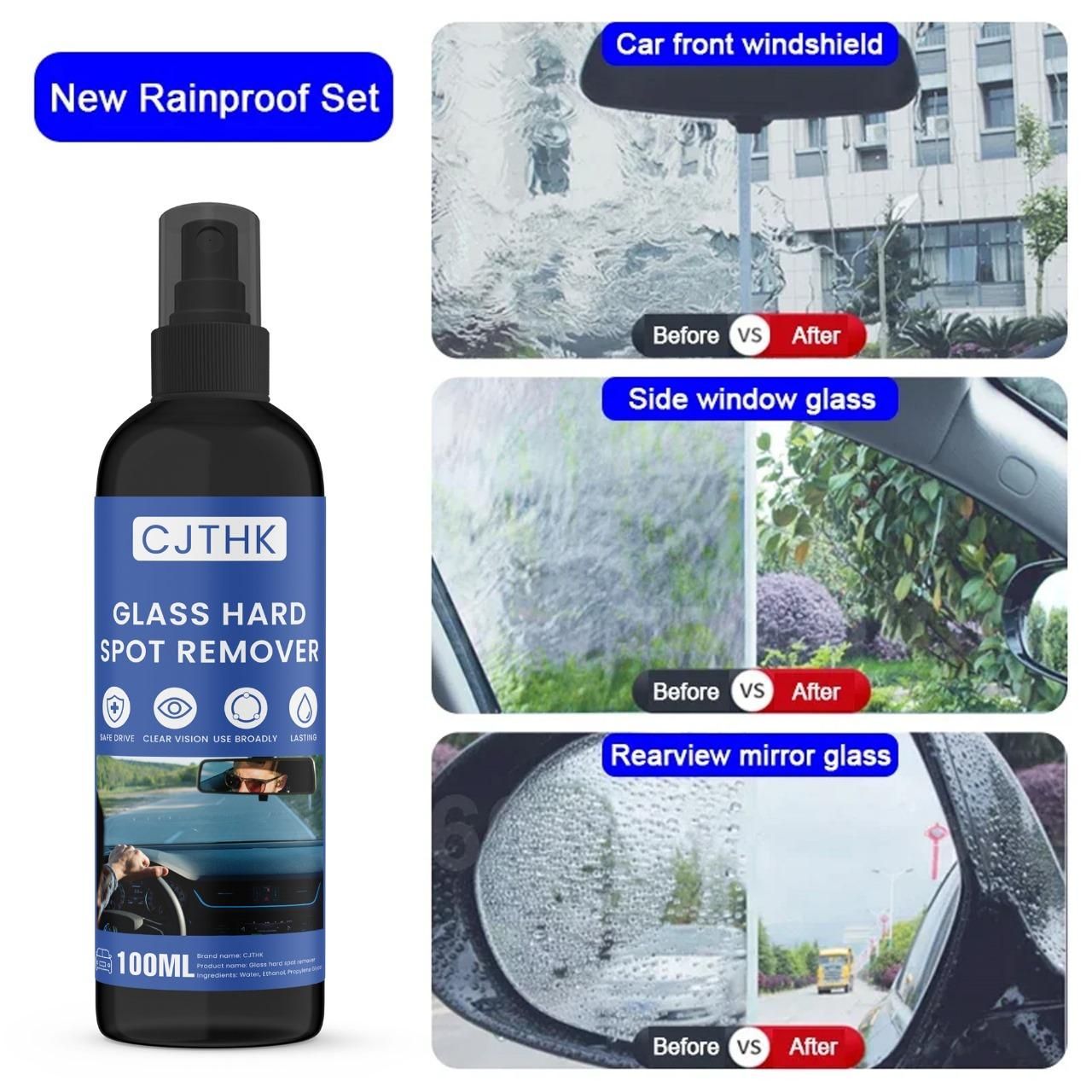 CJTHK Car Glass Stain Cleaner 100ML shown removing stains from windshield and mirrors
