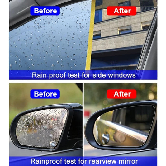 Before and after car glass stain cleaner showing improved visibility on side windows and rearview mirror