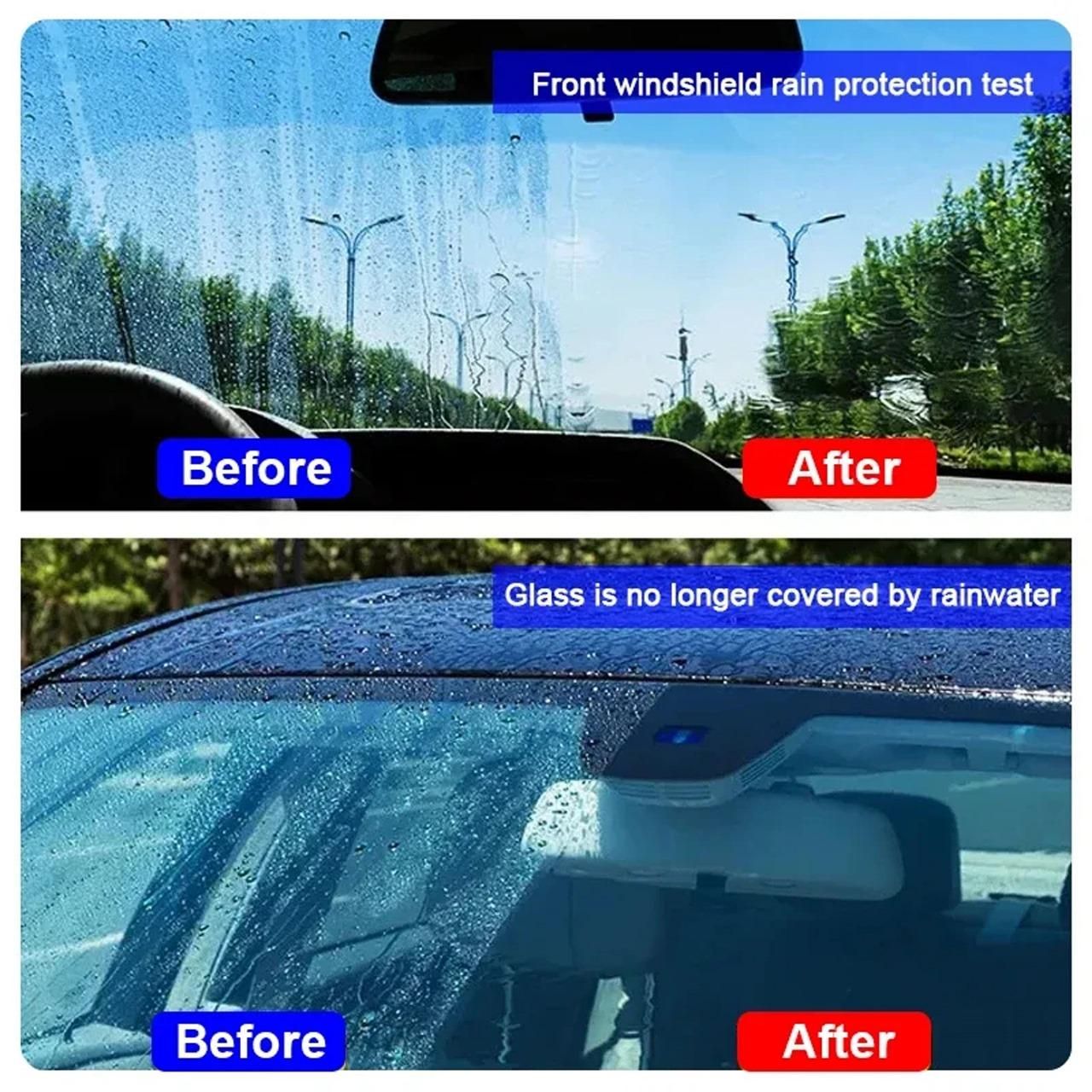 Before and after comparison of car glass stain cleaner on windshield showing effective water repellency
