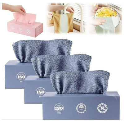 Three blue extractable household cleaning wipes box packs with microfiber wipes pulled out showing kitchen use