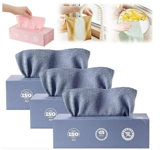 Three blue extractable household cleaning wipes box packs with microfiber wipes pulled out showing kitchen use