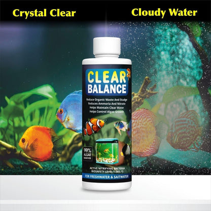 Clear Balance bottle showing crystal clear aquarium versus cloudy water aquarium water cleaner for freshwater and saltwater