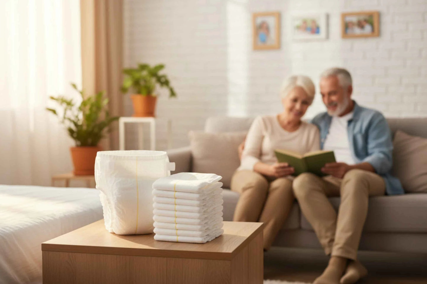 Pack of white comfortable adult diapers for seniors displayed on a table near an elderly couple reading together