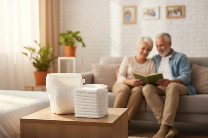Pack of white comfortable adult diapers for seniors displayed on a table near an elderly couple reading together