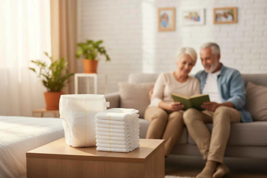 Pack of white comfortable adult diapers for seniors displayed on a table near an elderly couple reading together