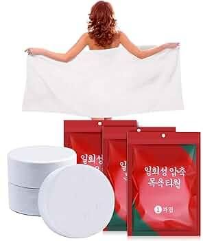 Compressed bath towel tablets in packs with a woman holding a large white towel