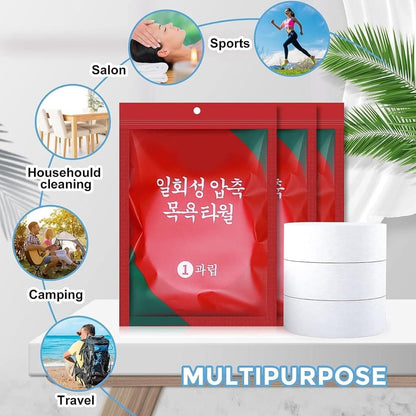 Compressed bath towel tablets in packaging, ideal for travel, camping, sports, and household cleaning