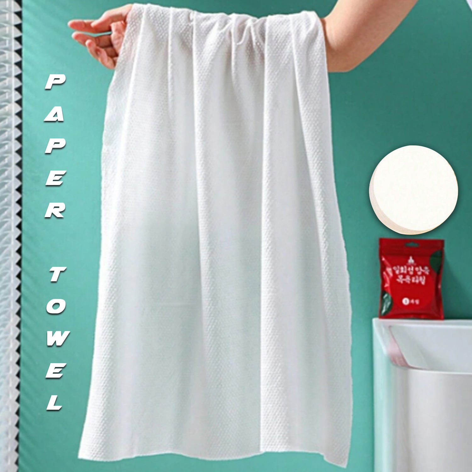 Compressed cotton towels for travel displayed in a hand with textured fabric and compact size
