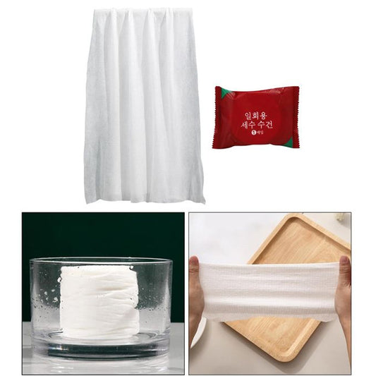 Compressed cotton towels for travel shown in packaging, soaking process, and expanded use