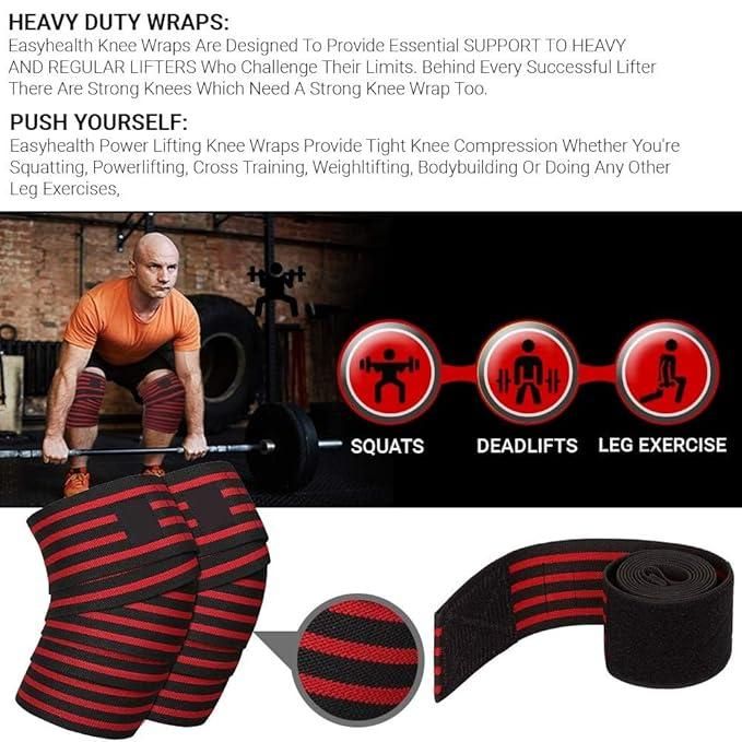 Easyhealth Heavy Duty Compression Knee Wraps for Support in Red and Black for Weightlifting and Squats