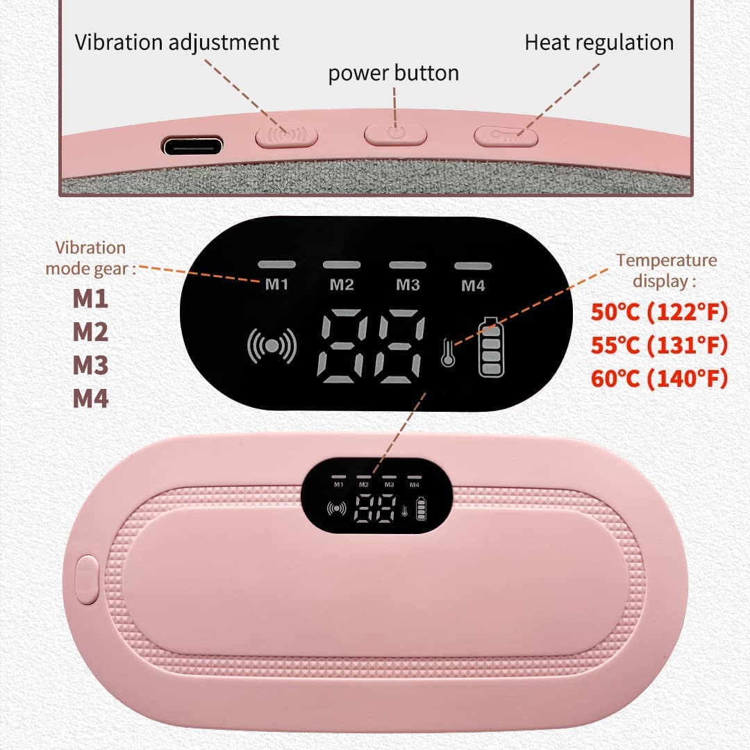 cordless heating pad for period cramps with adjustable temperature and vibration settings