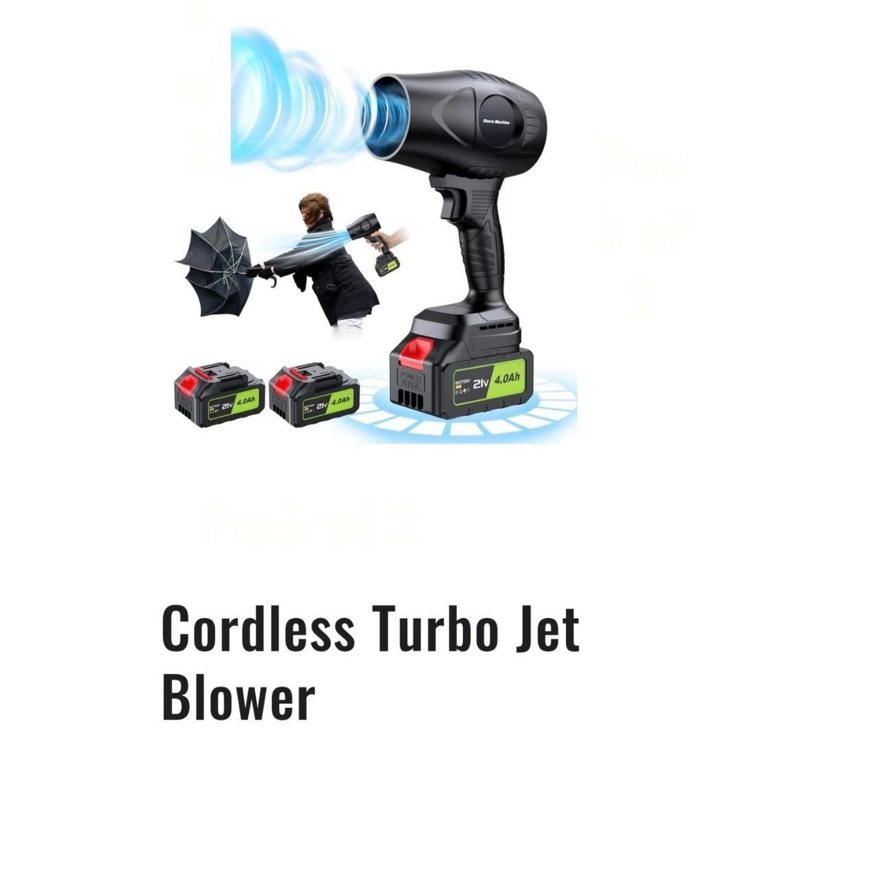Cordless Turbo Jet Blower with two batteries, perfect for easy outdoor clean-up and maintenance