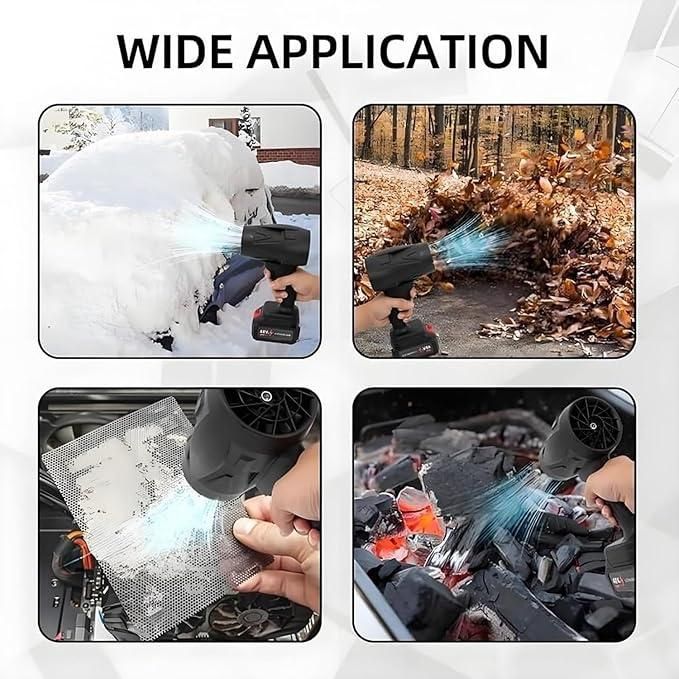 Cordless turbo jet blower in action, clearing snow, leaves, and dirt for versatile outdoor use